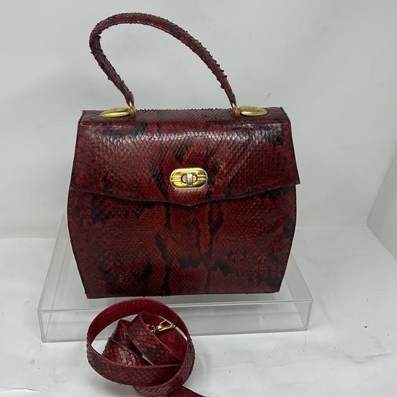 Structured Red Black Snakeskin Handbag Shoulder Bag - Picture 8 of 16